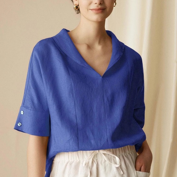 Lintico 100% Linen V Neck Short Sleeve Shirt Sierra Royal Blue Size XS - Picture 2 of 6